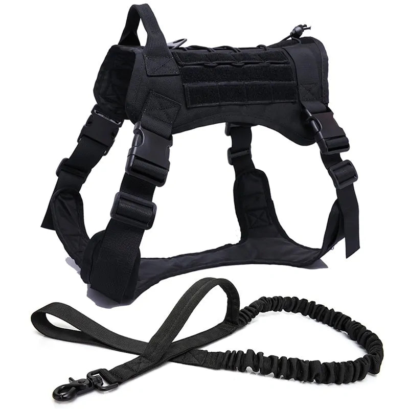 Nylon Tactical Dog Harness with Handle & Bungee Leash for Large Dogs